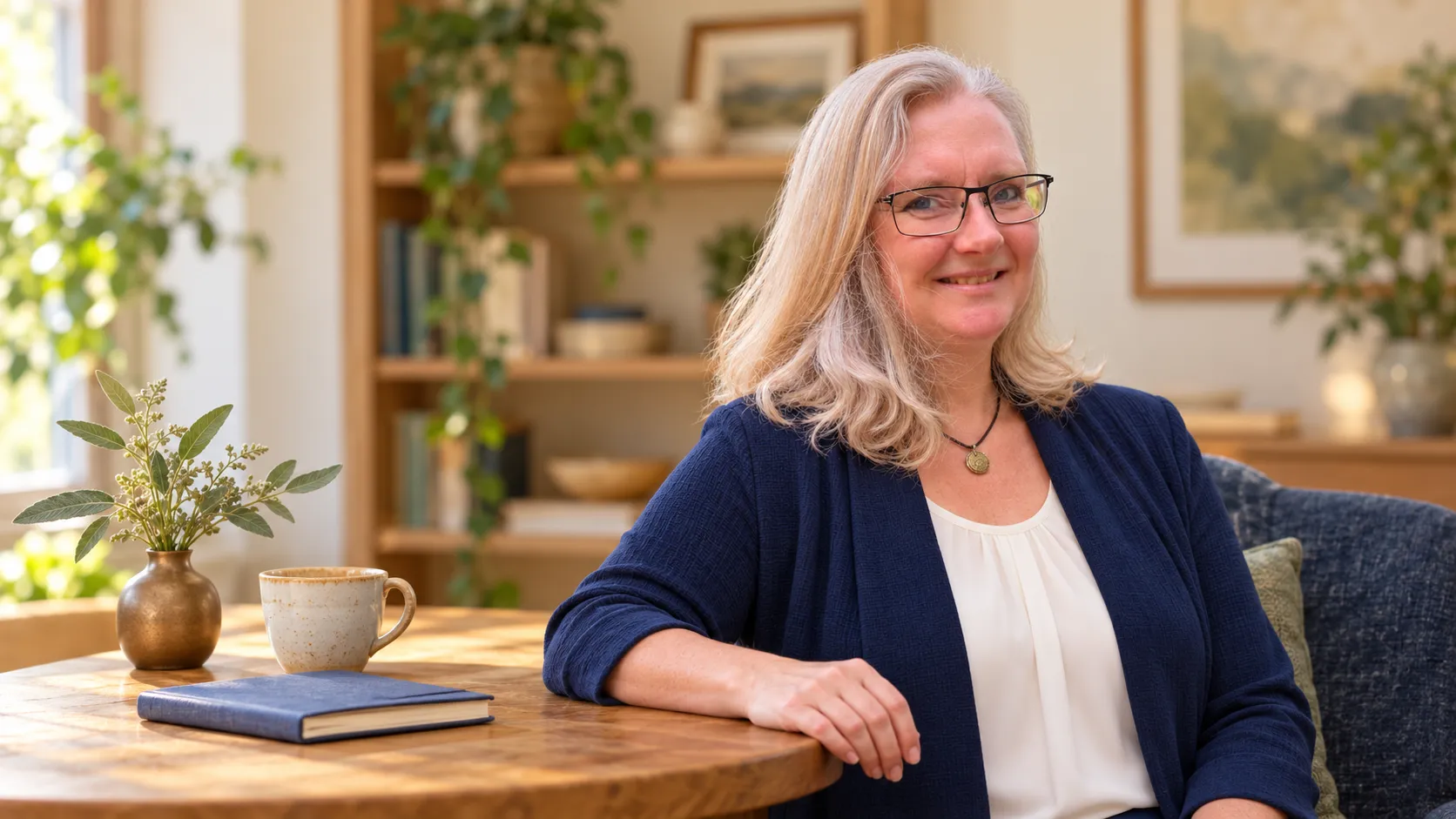 Heather seated beside a notebook in a warm, welcoming setting.
