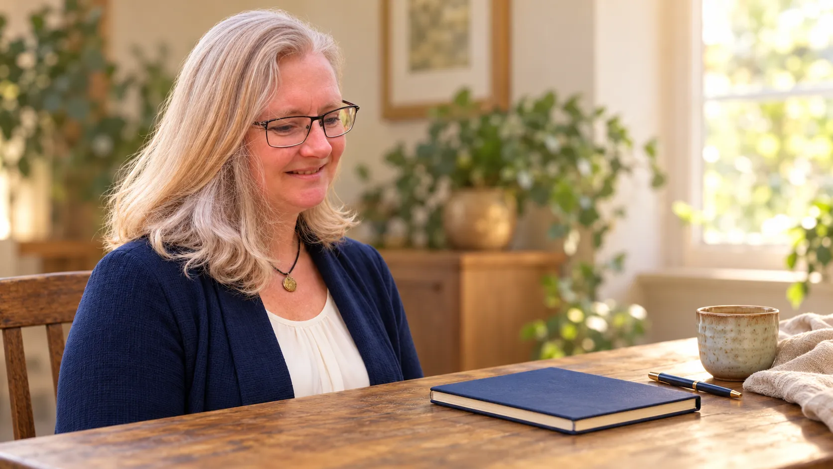Heather reflecting beside a notebook in a softly lit room.