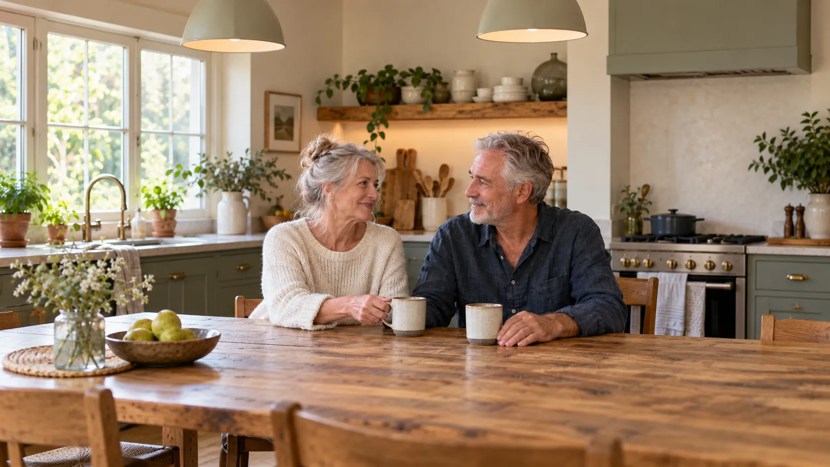 An older couple sharing a quiet, affectionate everyday moment.