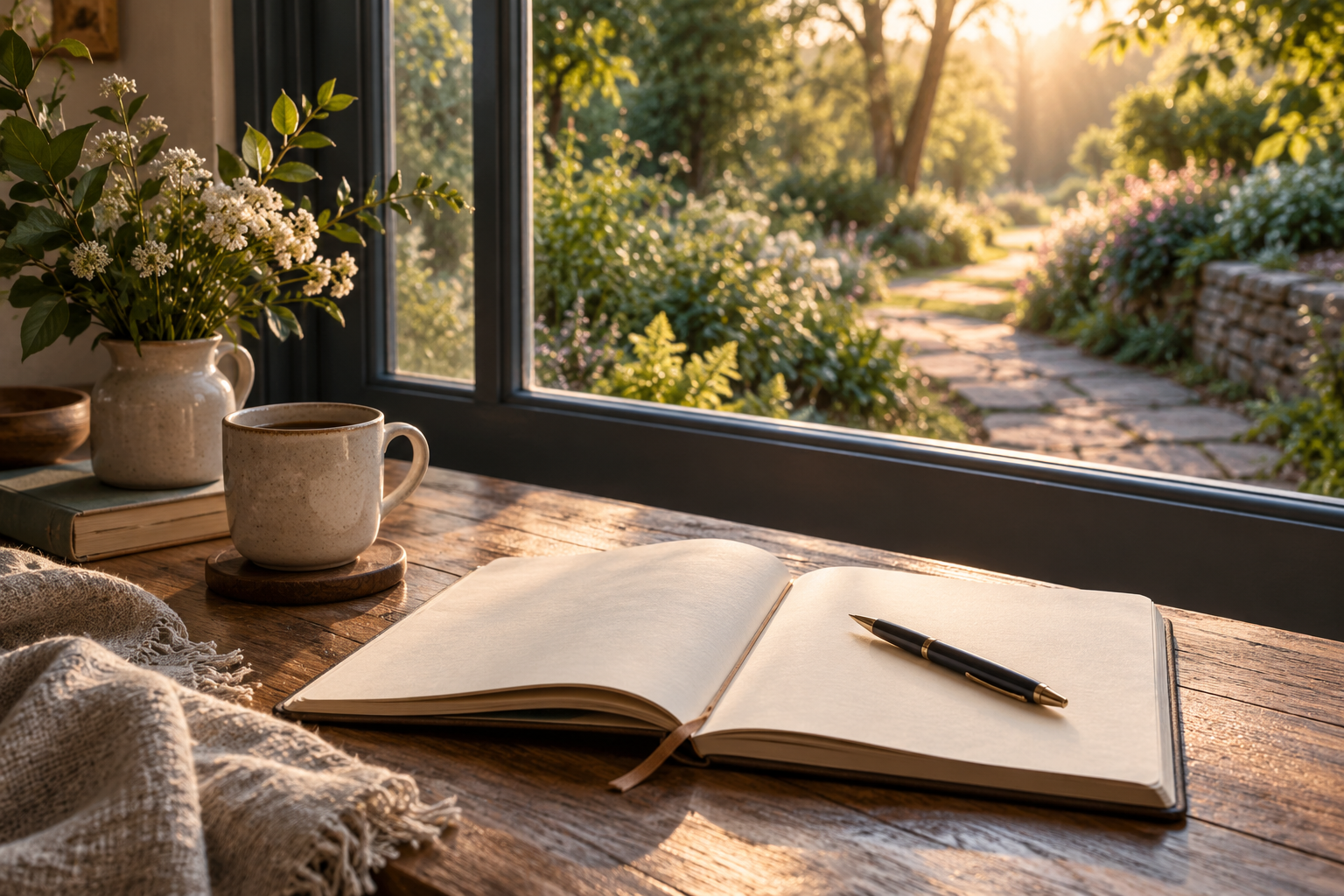 An open journal and pen beside a window overlooking a sunlit garden path.