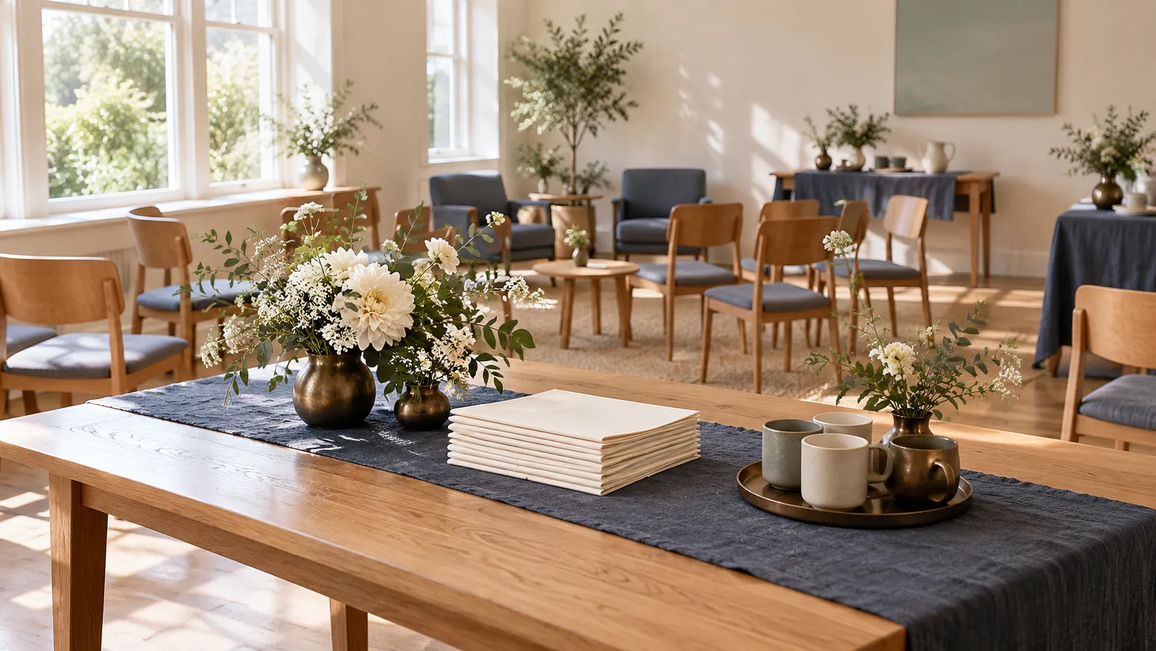A thoughtfully arranged room prepared for a small remembrance gathering.