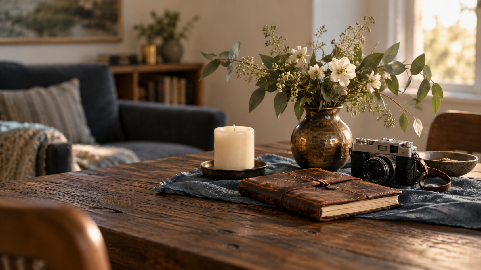 A journal, camera, candle and cream flowers arranged on a remembrance table.