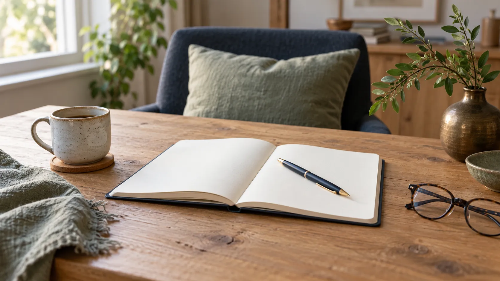 An open notebook and pen on a wooden table, ready for thoughtful planning.