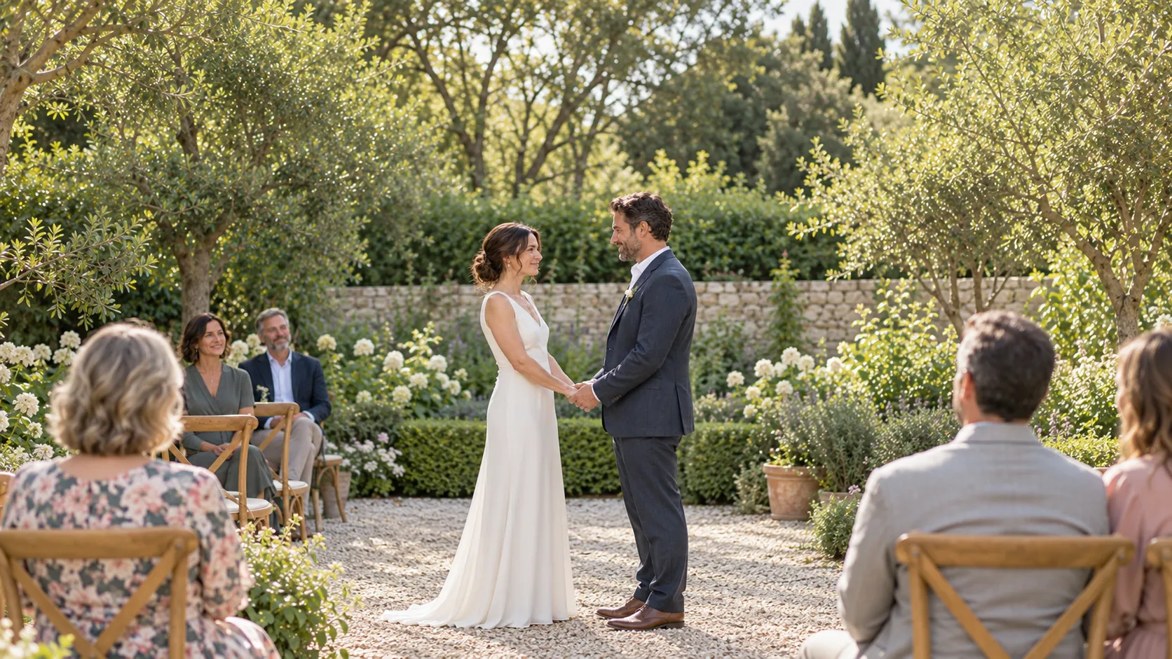 An adult couple sharing an intimate outdoor wedding ceremony.